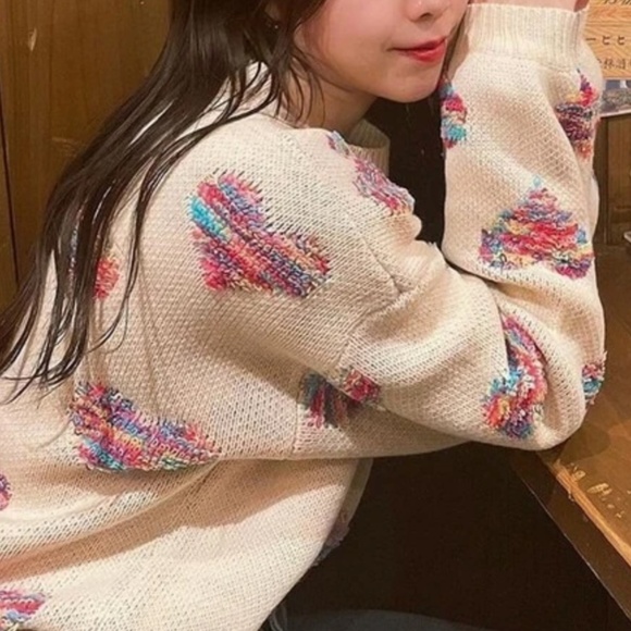 06 Cream Hearts Print Oversized Knit Sweater Top - Picture 3 of 7